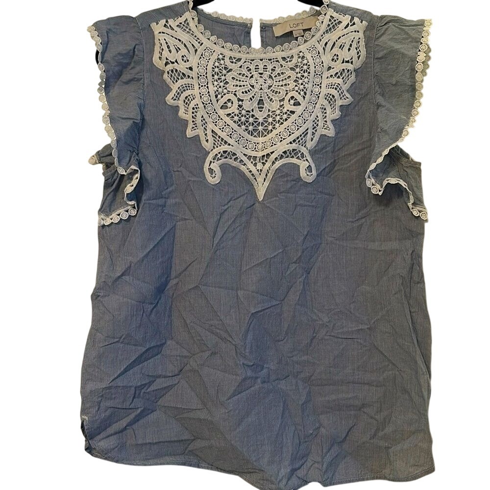 LOFT Blue Chambray Lace Bib Ruffle Sleeve Blouse Medium Sleeveless Top